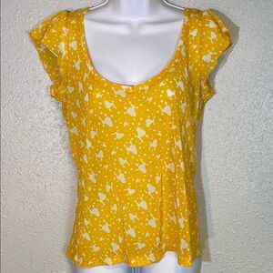 Zara Sheer Yellow & White paint Splatter Flutter Sleeve Top